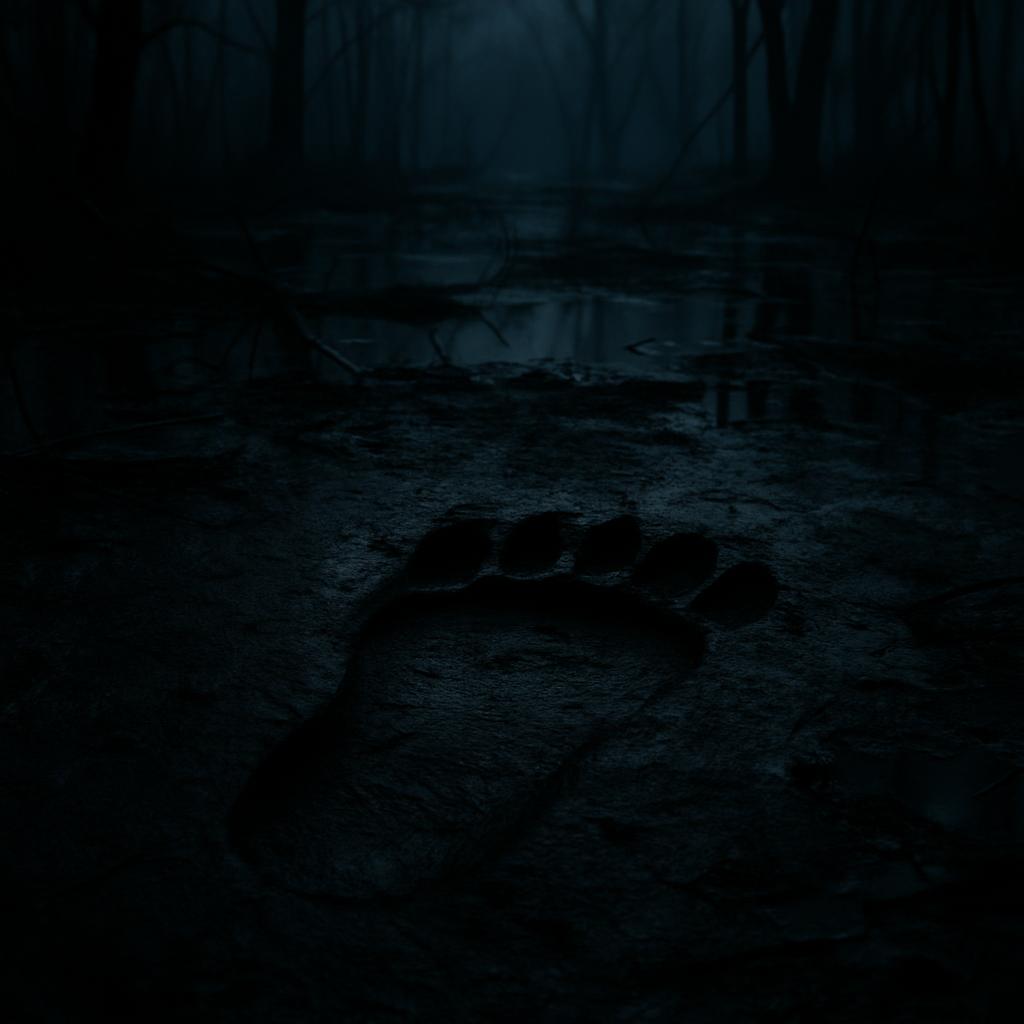 A dark forest scene with a large animal track visible in the foreground.