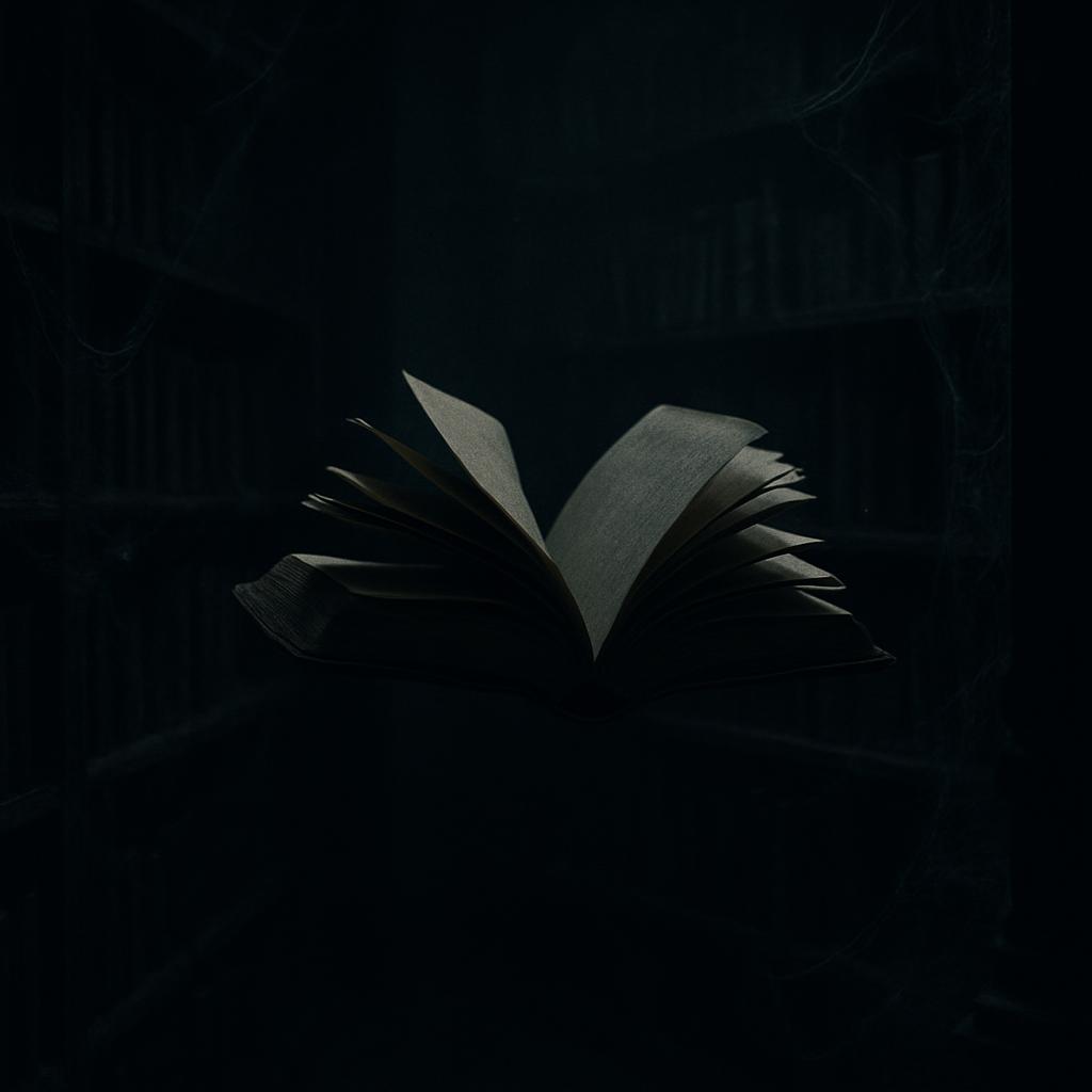 Photo of a black open book, atop a black surface, against a black background with subtle light patterns.