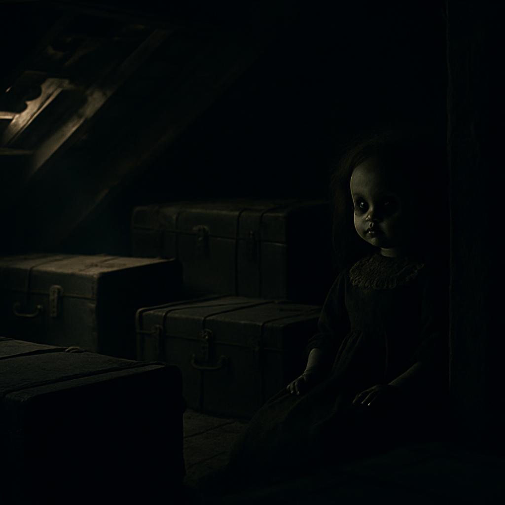 A dark and creepy image of a creepy sitting baby doll surrounded by old suitcases in a dark, dimly lit setting.
