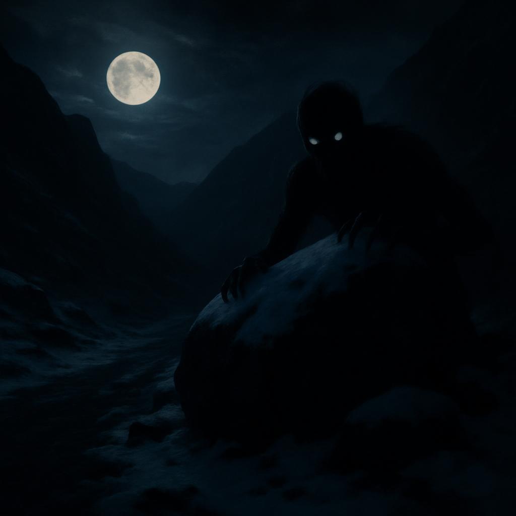 A dark, eerie landscape with a looming figure featuring sharp claws standing between rock formations, lit only by an illum...
