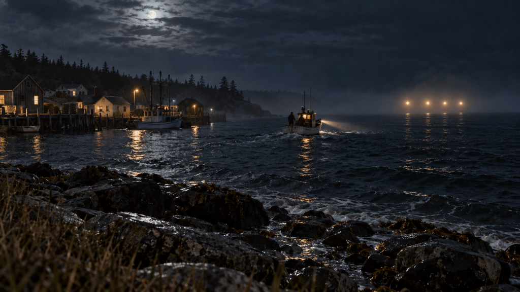 AI-generated illustration of a search boat crossing a moonlit harbour toward four mysterious lights above the water.